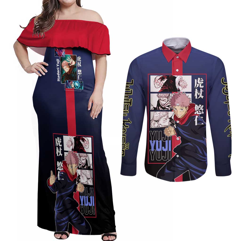 Yuji Itadori from Jujutsu Kaisen Couples Matching Off Shoulder Maxi Dress and Long Sleeve Button Shirt with Action Pose and Energetic Expressions Design - The Mazicc