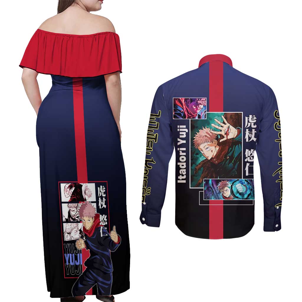 Yuji Itadori from Jujutsu Kaisen Couples Matching Off Shoulder Maxi Dress and Long Sleeve Button Shirt with Action Pose and Energetic Expressions Design - The Mazicc