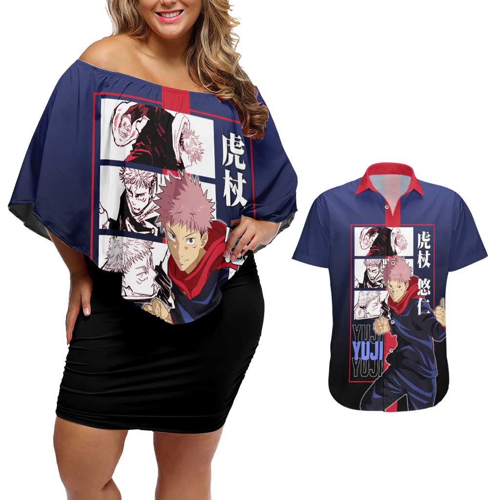 Yuji Itadori from Jujutsu Kaisen Couples Matching Off Shoulder Short Dress and Hawaiian Shirt with Action Pose and Energetic Expressions Design - The Mazicc