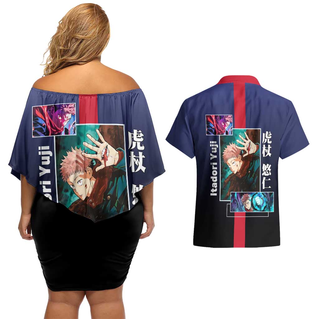 Yuji Itadori from Jujutsu Kaisen Couples Matching Off Shoulder Short Dress and Hawaiian Shirt with Action Pose and Energetic Expressions Design - The Mazicc