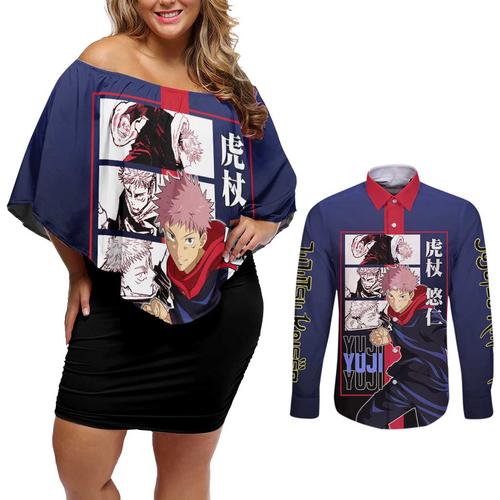 Yuji Itadori from Jujutsu Kaisen Couples Matching Off Shoulder Short Dress and Long Sleeve Button Shirt with Action Pose and Energetic Expressions Design - The Mazicc