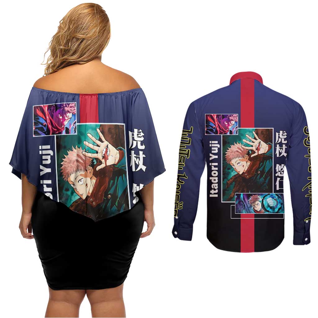 Yuji Itadori from Jujutsu Kaisen Couples Matching Off Shoulder Short Dress and Long Sleeve Button Shirt with Action Pose and Energetic Expressions Design - The Mazicc