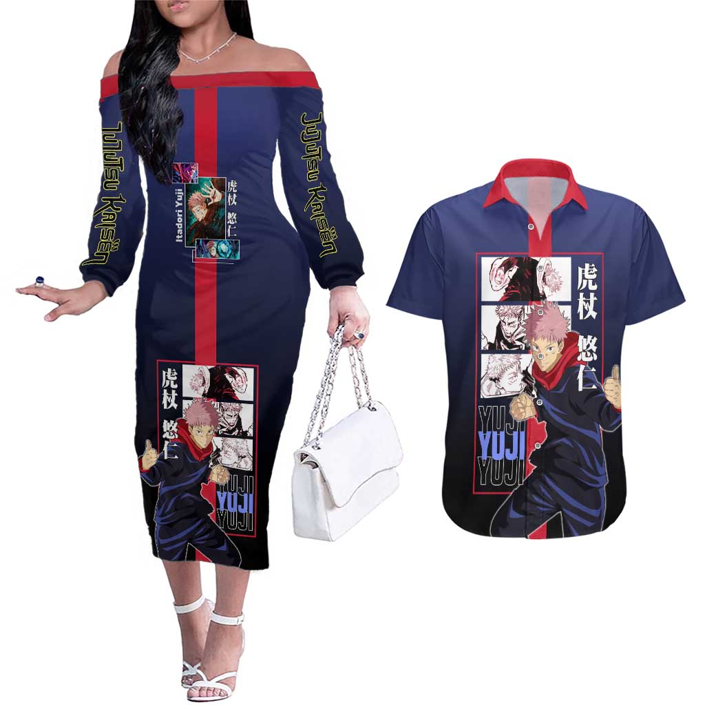 Yuji Itadori from Jujutsu Kaisen Couples Matching Off The Shoulder Long Sleeve Dress and Hawaiian Shirt with Action Pose and Energetic Expressions Design - The Mazicc