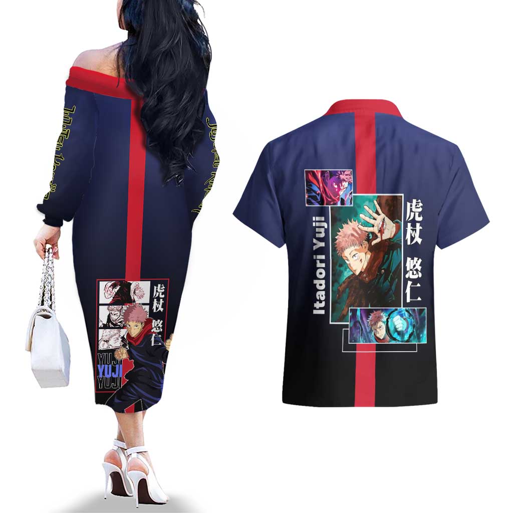 Yuji Itadori from Jujutsu Kaisen Couples Matching Off The Shoulder Long Sleeve Dress and Hawaiian Shirt with Action Pose and Energetic Expressions Design - The Mazicc