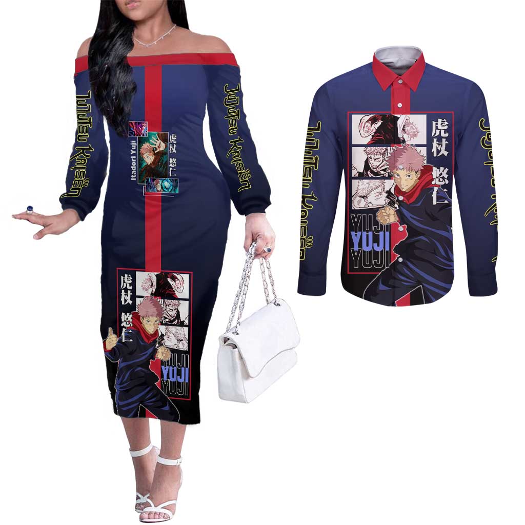 Yuji Itadori from Jujutsu Kaisen Couples Matching Off The Shoulder Long Sleeve Dress and Long Sleeve Button Shirt with Action Pose and Energetic Expressions Design - The Mazicc