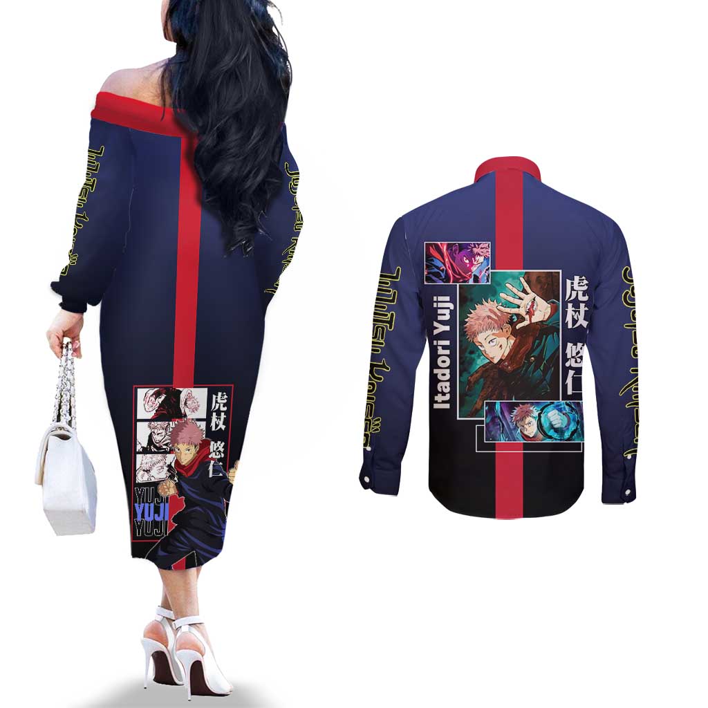 Yuji Itadori from Jujutsu Kaisen Couples Matching Off The Shoulder Long Sleeve Dress and Long Sleeve Button Shirt with Action Pose and Energetic Expressions Design - The Mazicc