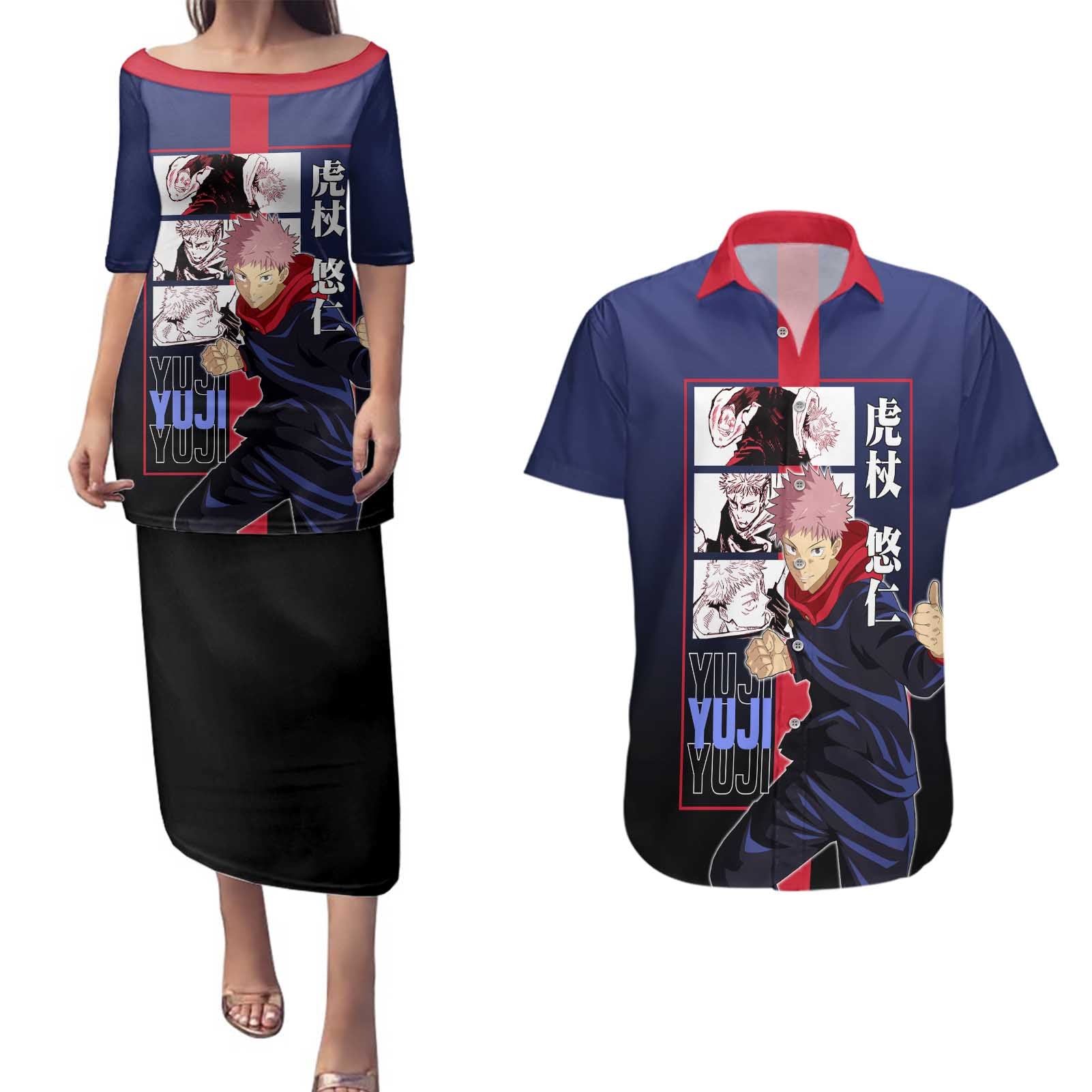 Yuji Itadori from Jujutsu Kaisen Couples Matching Puletasi and Hawaiian Shirt with Action Pose and Energetic Expressions Design - The Mazicc
