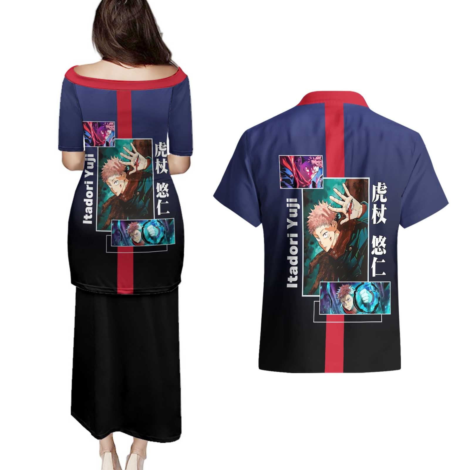 Yuji Itadori from Jujutsu Kaisen Couples Matching Puletasi and Hawaiian Shirt with Action Pose and Energetic Expressions Design - The Mazicc