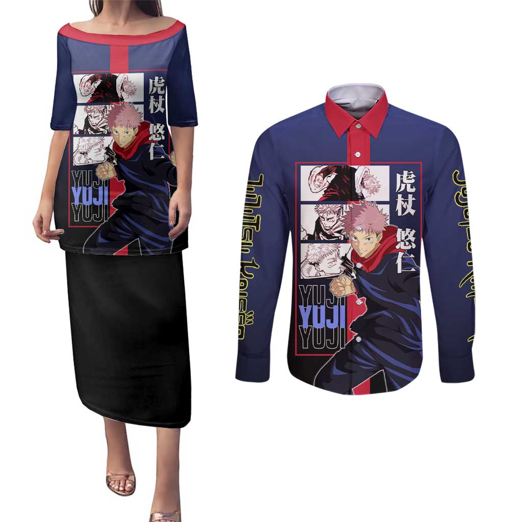 Yuji Itadori from Jujutsu Kaisen Couples Matching Puletasi and Long Sleeve Button Shirt with Action Pose and Energetic Expressions Design - The Mazicc