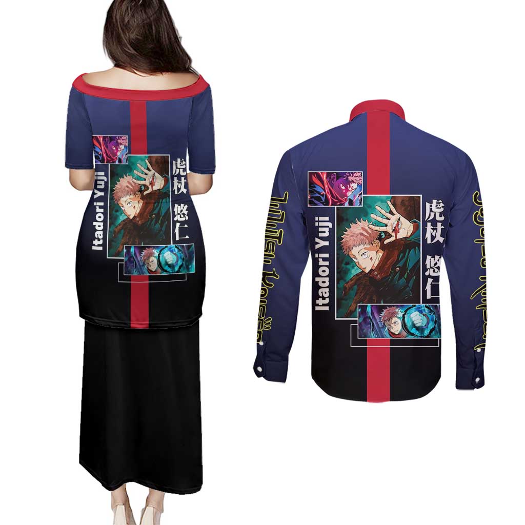 Yuji Itadori from Jujutsu Kaisen Couples Matching Puletasi and Long Sleeve Button Shirt with Action Pose and Energetic Expressions Design - The Mazicc