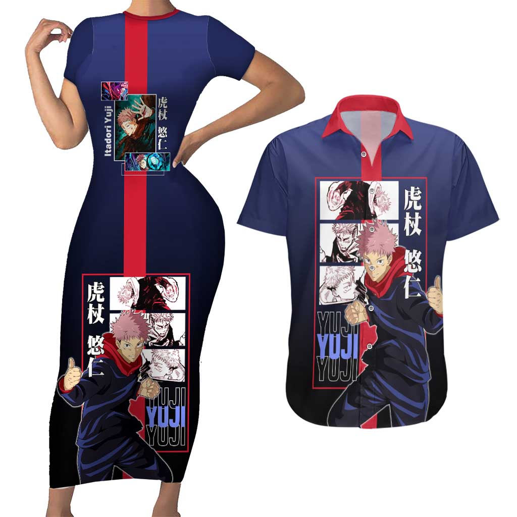 Yuji Itadori from Jujutsu Kaisen Couples Matching Short Sleeve Bodycon Dress and Hawaiian Shirt with Action Pose and Energetic Expressions Design - The Mazicc