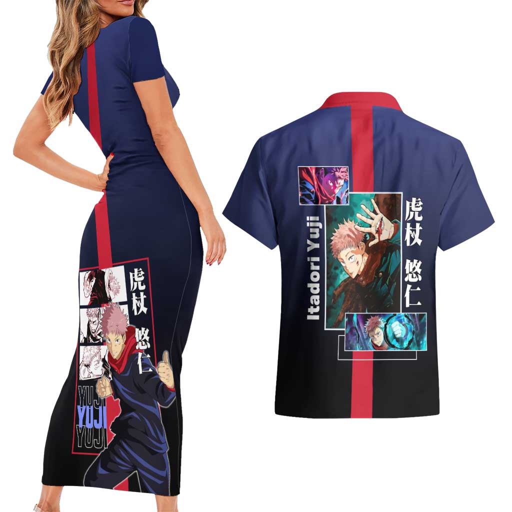 Yuji Itadori from Jujutsu Kaisen Couples Matching Short Sleeve Bodycon Dress and Hawaiian Shirt with Action Pose and Energetic Expressions Design - The Mazicc