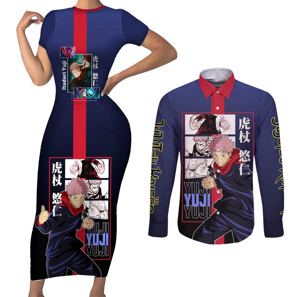 Yuji Itadori from Jujutsu Kaisen Couples Matching Short Sleeve Bodycon Dress and Long Sleeve Button Shirt with Action Pose and Energetic Expressions Design - The Mazicc