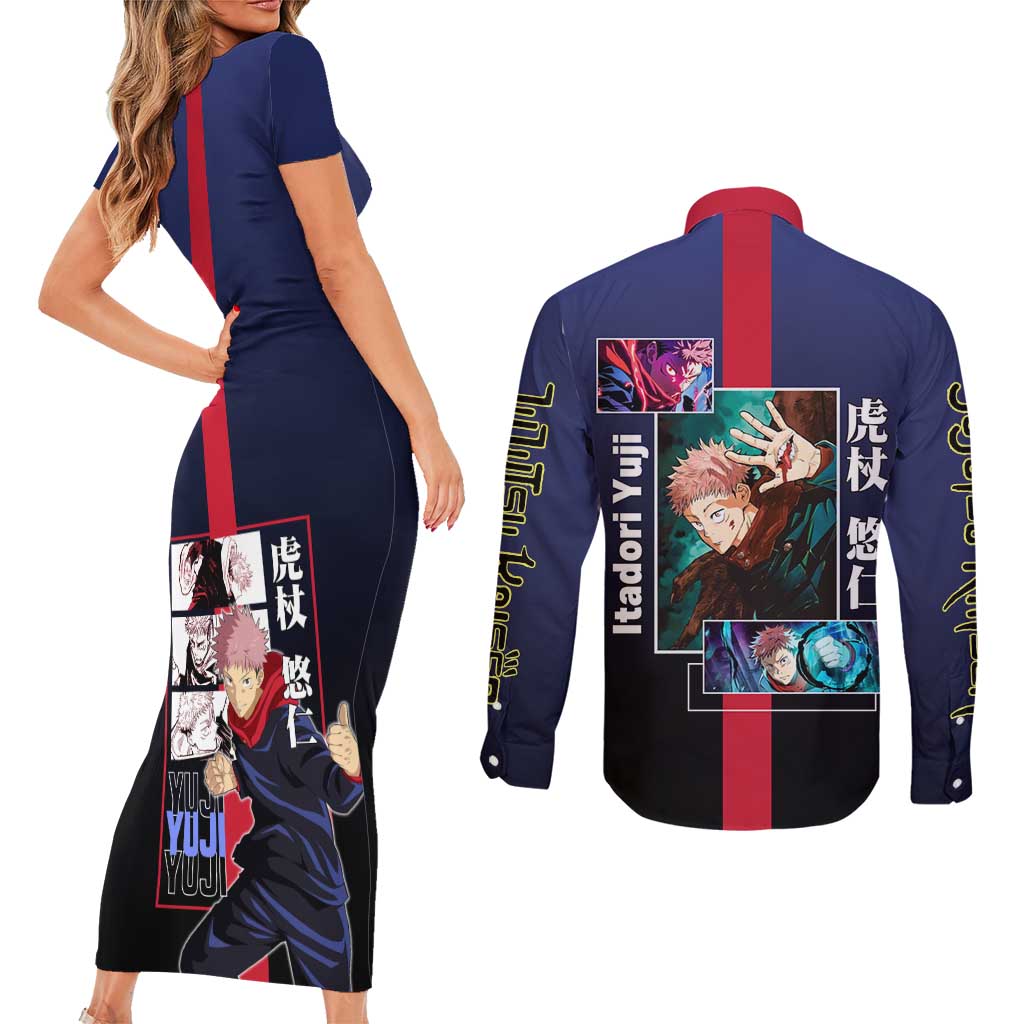 Yuji Itadori from Jujutsu Kaisen Couples Matching Short Sleeve Bodycon Dress and Long Sleeve Button Shirt with Action Pose and Energetic Expressions Design - The Mazicc