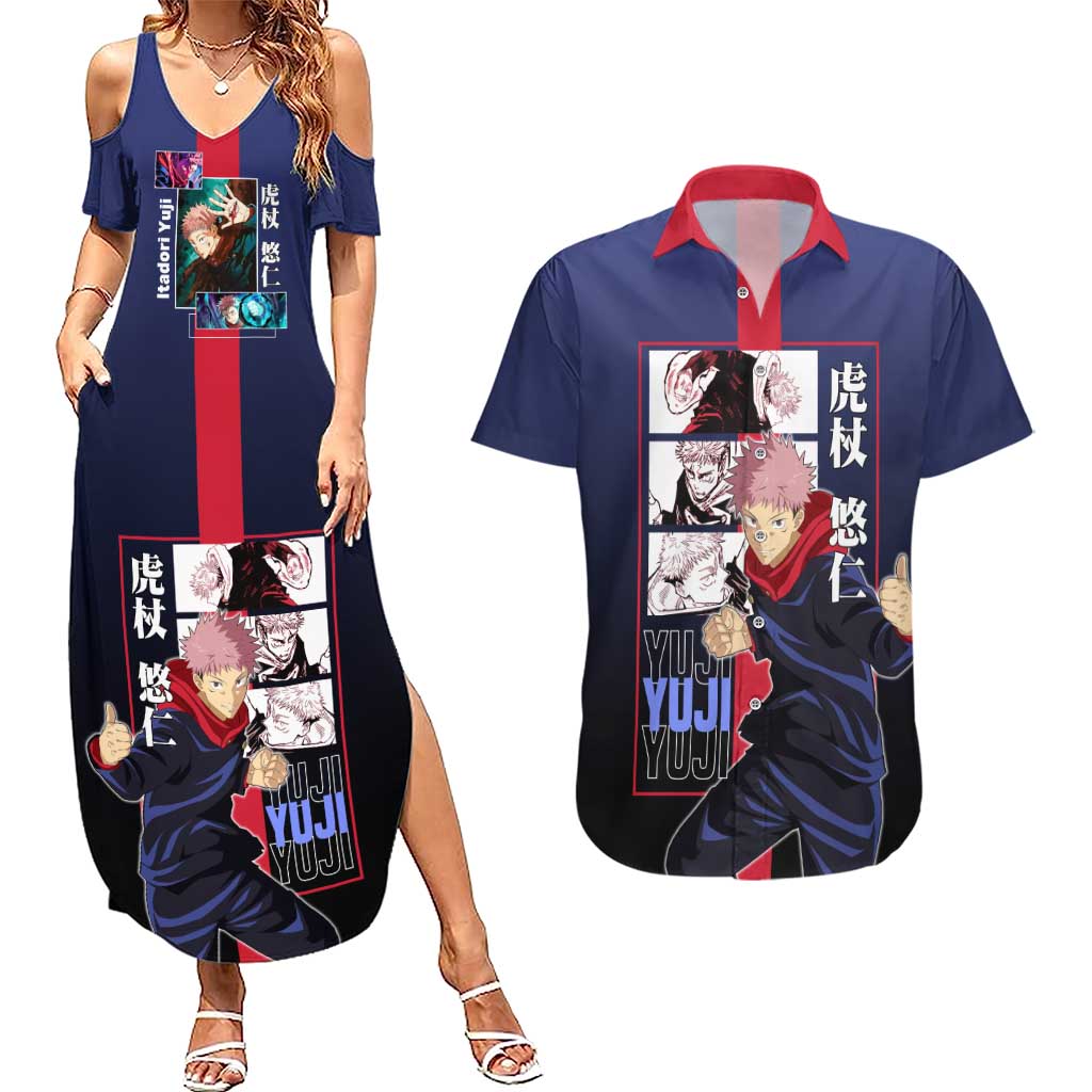 Yuji Itadori from Jujutsu Kaisen Couples Matching Summer Maxi Dress and Hawaiian Shirt with Action Pose and Energetic Expressions Design - The Mazicc