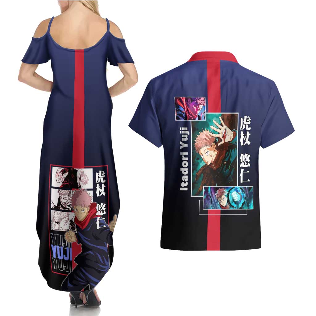 Yuji Itadori from Jujutsu Kaisen Couples Matching Summer Maxi Dress and Hawaiian Shirt with Action Pose and Energetic Expressions Design - The Mazicc