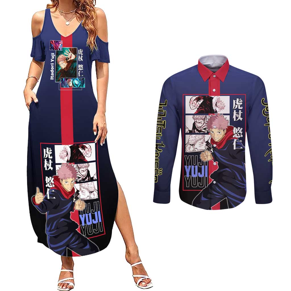 Yuji Itadori from Jujutsu Kaisen Couples Matching Summer Maxi Dress and Long Sleeve Button Shirt with Action Pose and Energetic Expressions Design - The Mazicc