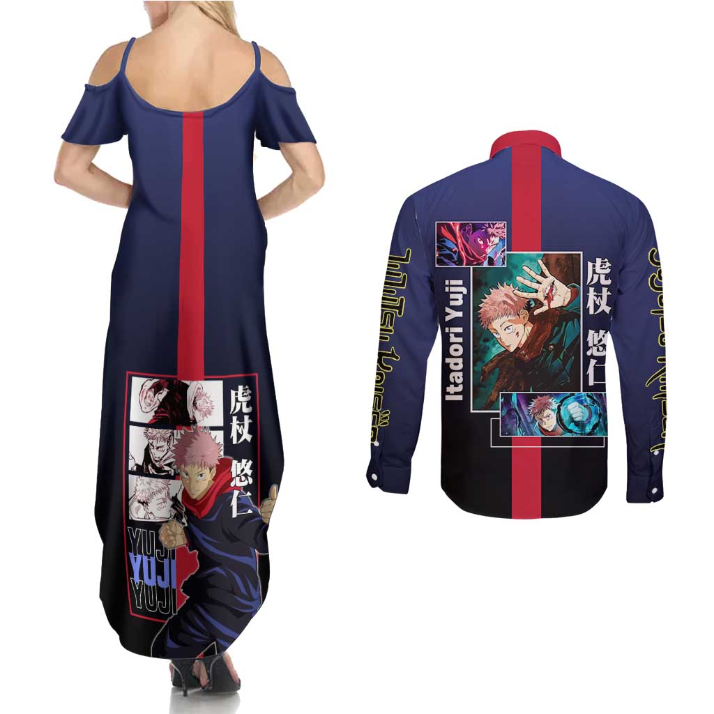Yuji Itadori from Jujutsu Kaisen Couples Matching Summer Maxi Dress and Long Sleeve Button Shirt with Action Pose and Energetic Expressions Design - The Mazicc