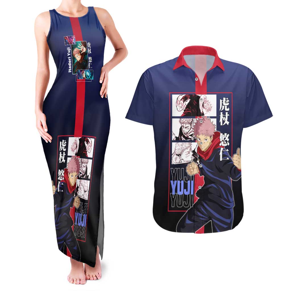 Yuji Itadori from Jujutsu Kaisen Couples Matching Tank Maxi Dress and Hawaiian Shirt with Action Pose and Energetic Expressions Design - The Mazicc