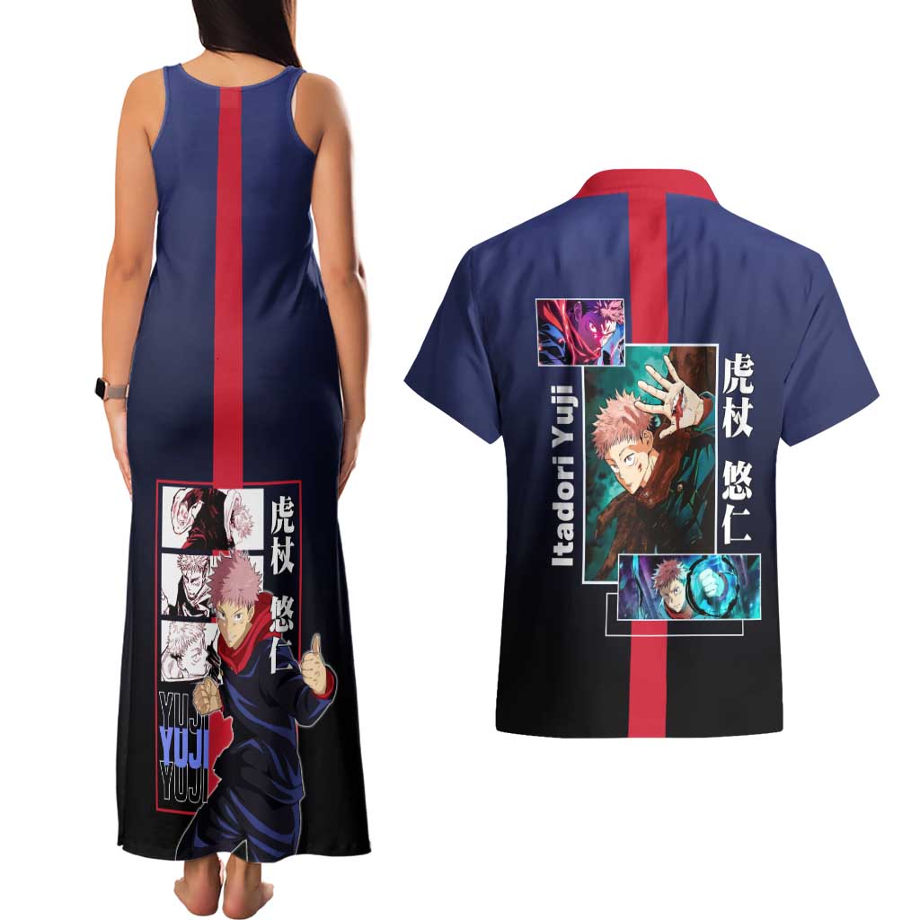 Yuji Itadori from Jujutsu Kaisen Couples Matching Tank Maxi Dress and Hawaiian Shirt with Action Pose and Energetic Expressions Design - The Mazicc