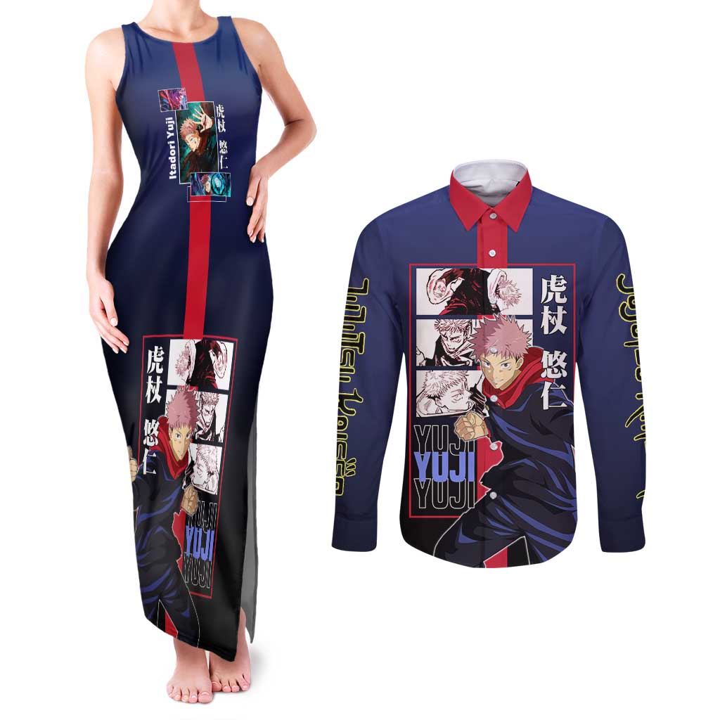 Yuji Itadori from Jujutsu Kaisen Couples Matching Tank Maxi Dress and Long Sleeve Button Shirt with Action Pose and Energetic Expressions Design - The Mazicc