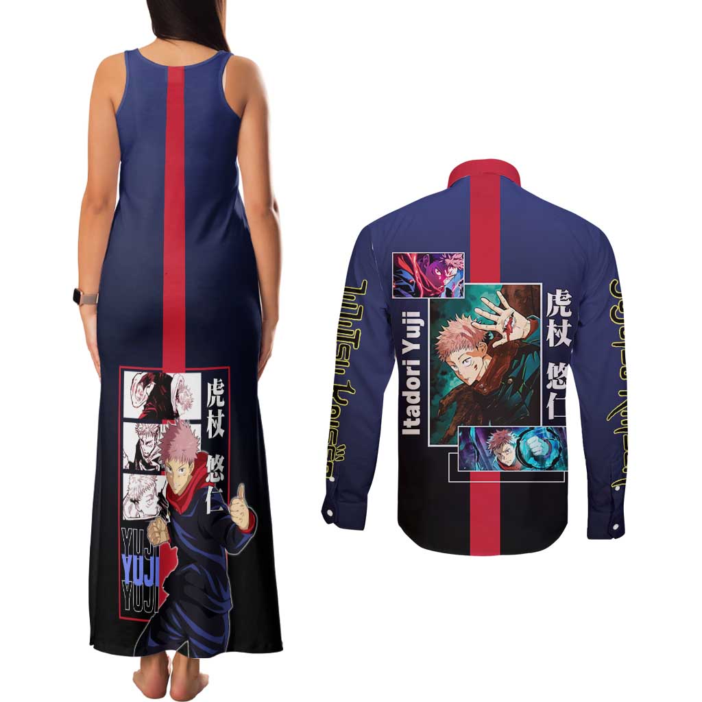 Yuji Itadori from Jujutsu Kaisen Couples Matching Tank Maxi Dress and Long Sleeve Button Shirt with Action Pose and Energetic Expressions Design - The Mazicc