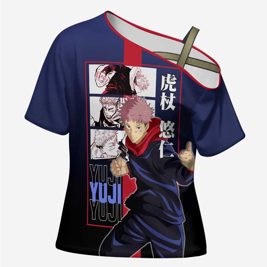 Yuji Itadori from Jujutsu Kaisen Cross Shoulder Shirt with Action Pose and Energetic Expressions Design - The Mazicc