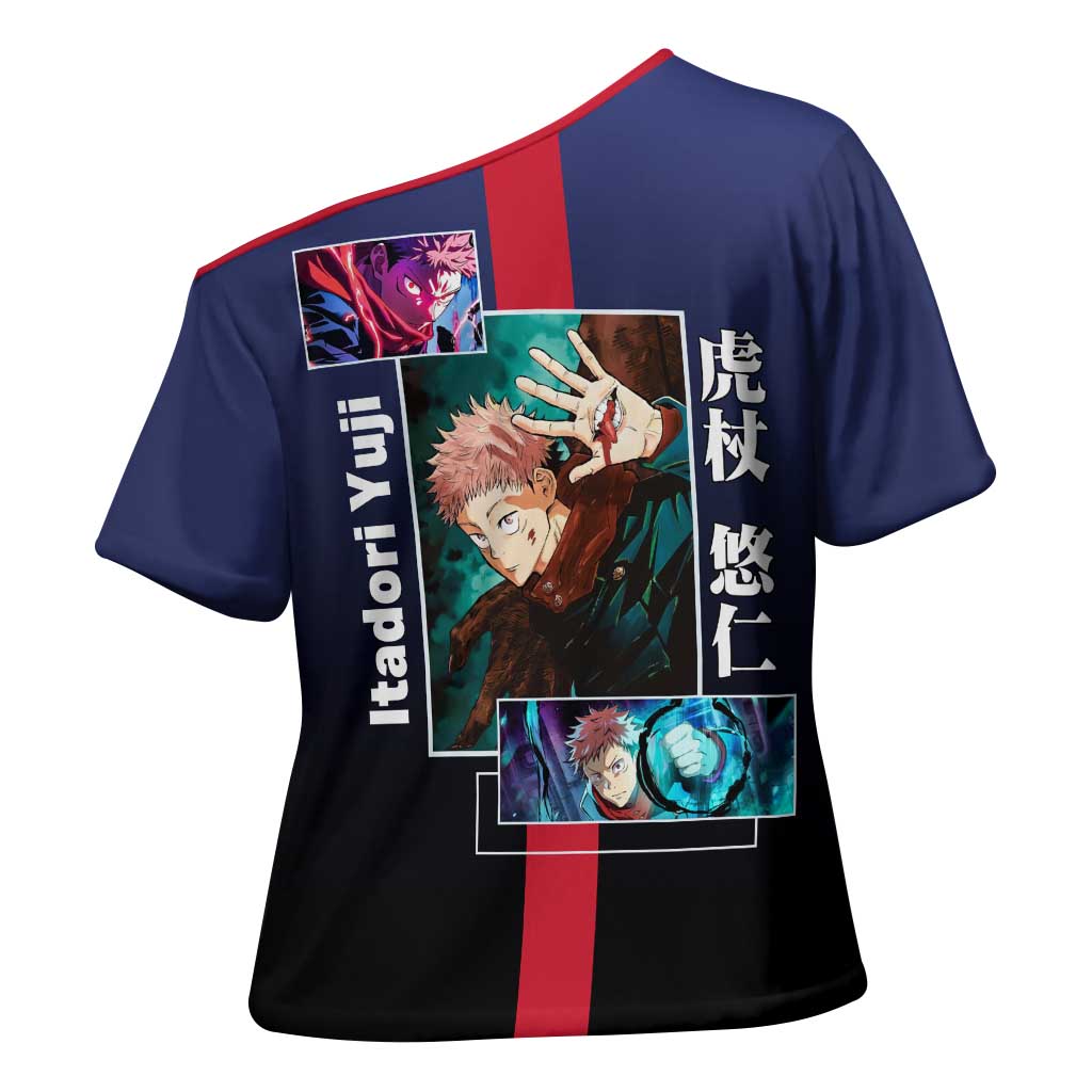 Yuji Itadori from Jujutsu Kaisen Cross Shoulder Shirt with Action Pose and Energetic Expressions Design - The Mazicc