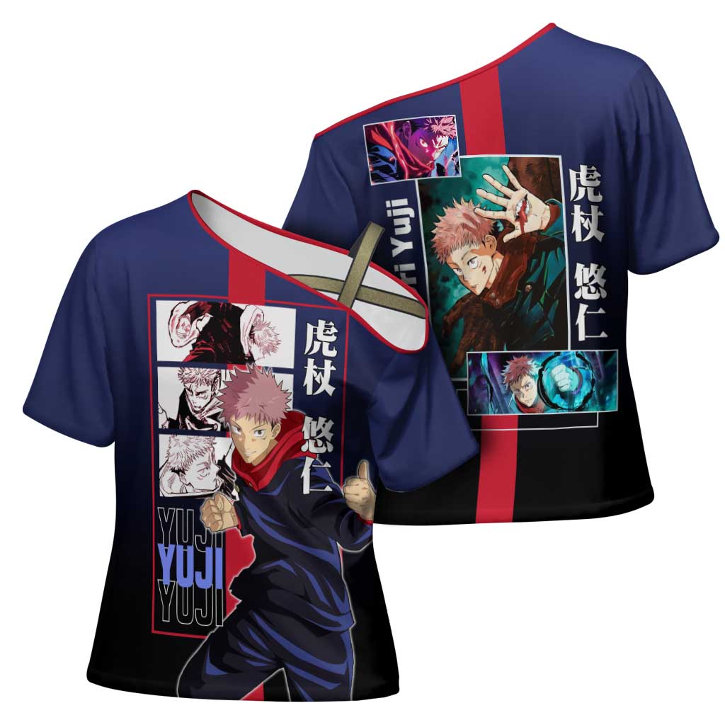Yuji Itadori from Jujutsu Kaisen Cross Shoulder Shirt with Action Pose and Energetic Expressions Design - The Mazicc