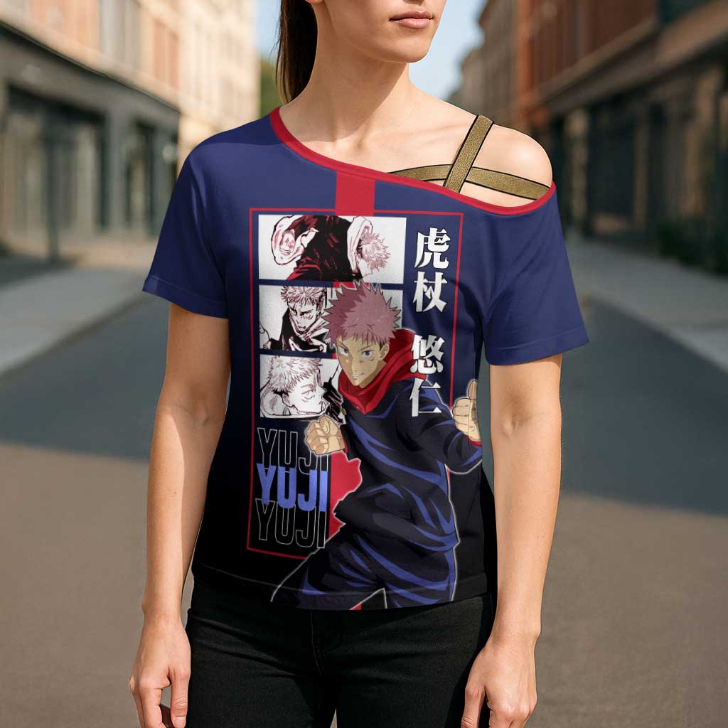 Yuji Itadori from Jujutsu Kaisen Cross Shoulder Shirt with Action Pose and Energetic Expressions Design - The Mazicc