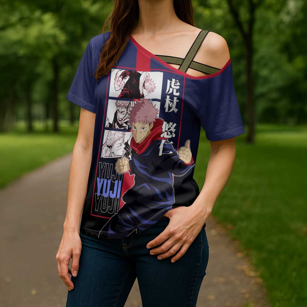 Yuji Itadori from Jujutsu Kaisen Cross Shoulder Shirt with Action Pose and Energetic Expressions Design - The Mazicc