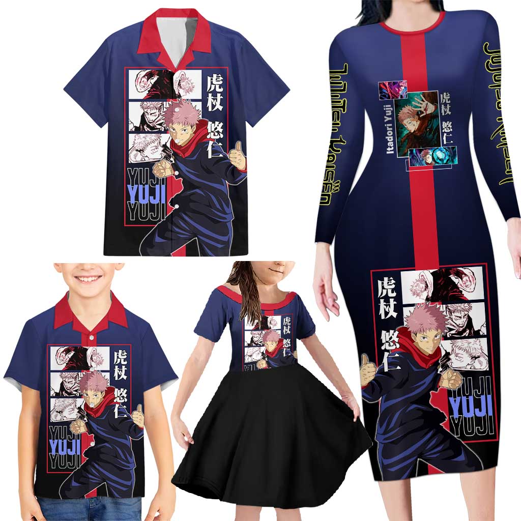 Yuji Itadori from Jujutsu Kaisen Family Matching Long Sleeve Bodycon Dress and Hawaiian Shirt with Action Pose and Energetic Expressions Design - The Mazicc