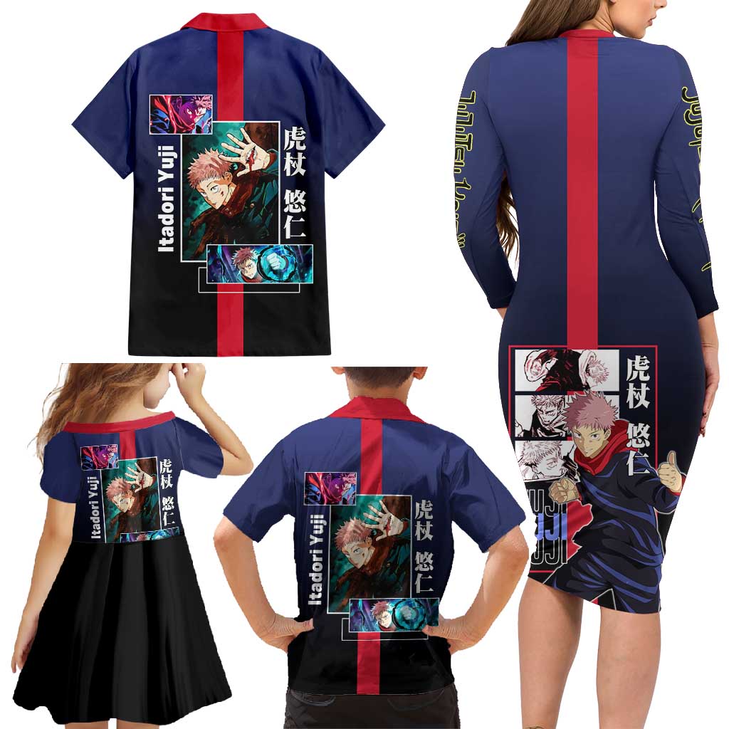 Yuji Itadori from Jujutsu Kaisen Family Matching Long Sleeve Bodycon Dress and Hawaiian Shirt with Action Pose and Energetic Expressions Design - The Mazicc