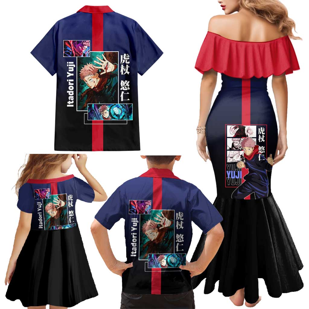 Yuji Itadori from Jujutsu Kaisen Family Matching Mermaid Dress and Hawaiian Shirt with Action Pose and Energetic Expressions Design - The Mazicc