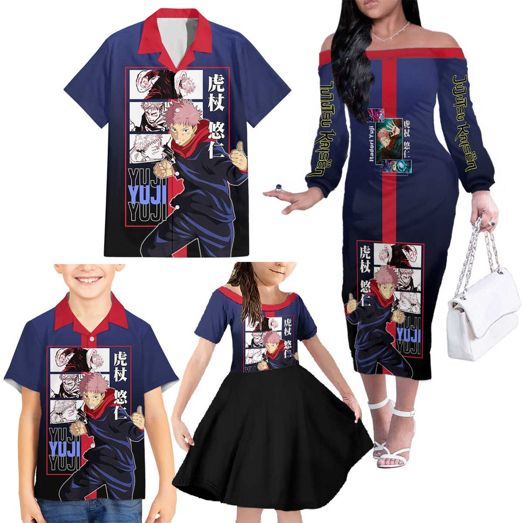 Yuji Itadori from Jujutsu Kaisen Family Matching Off The Shoulder Long Sleeve Dress and Hawaiian Shirt with Action Pose and Energetic Expressions Design - The Mazicc
