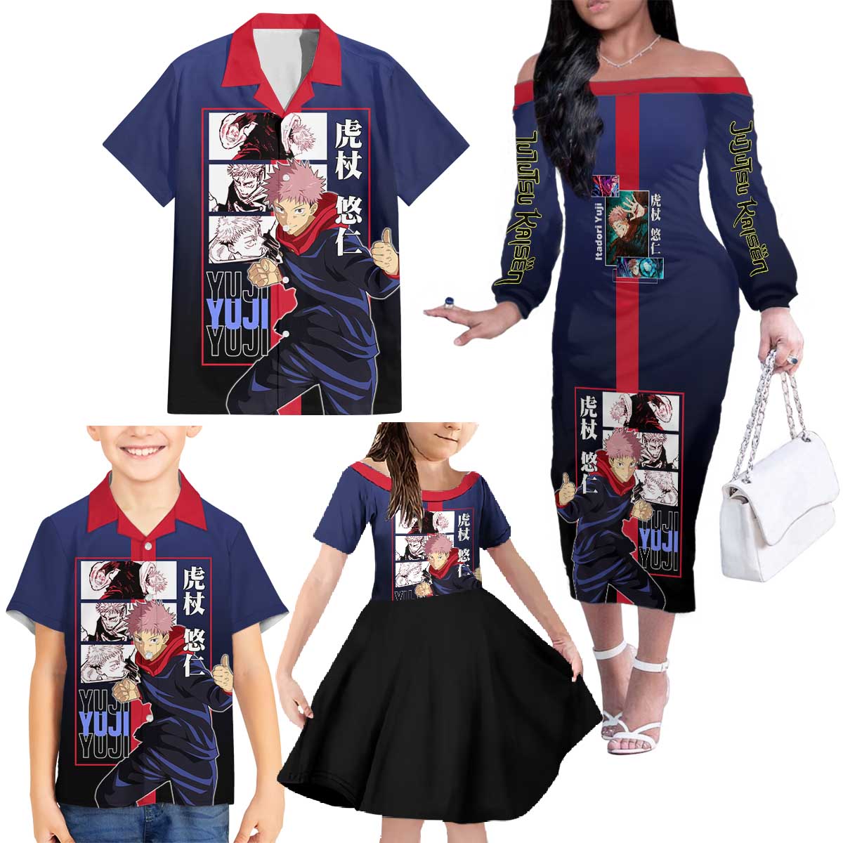 Yuji Itadori from Jujutsu Kaisen Family Matching Off The Shoulder Long Sleeve Dress and Hawaiian Shirt with Action Pose and Energetic Expressions Design - The Mazicc