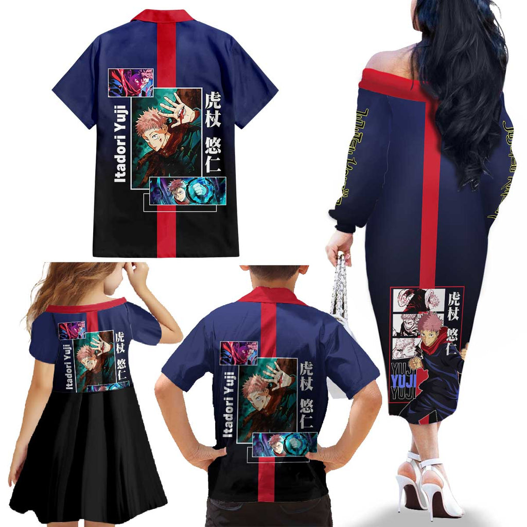 Yuji Itadori from Jujutsu Kaisen Family Matching Off The Shoulder Long Sleeve Dress and Hawaiian Shirt with Action Pose and Energetic Expressions Design - The Mazicc