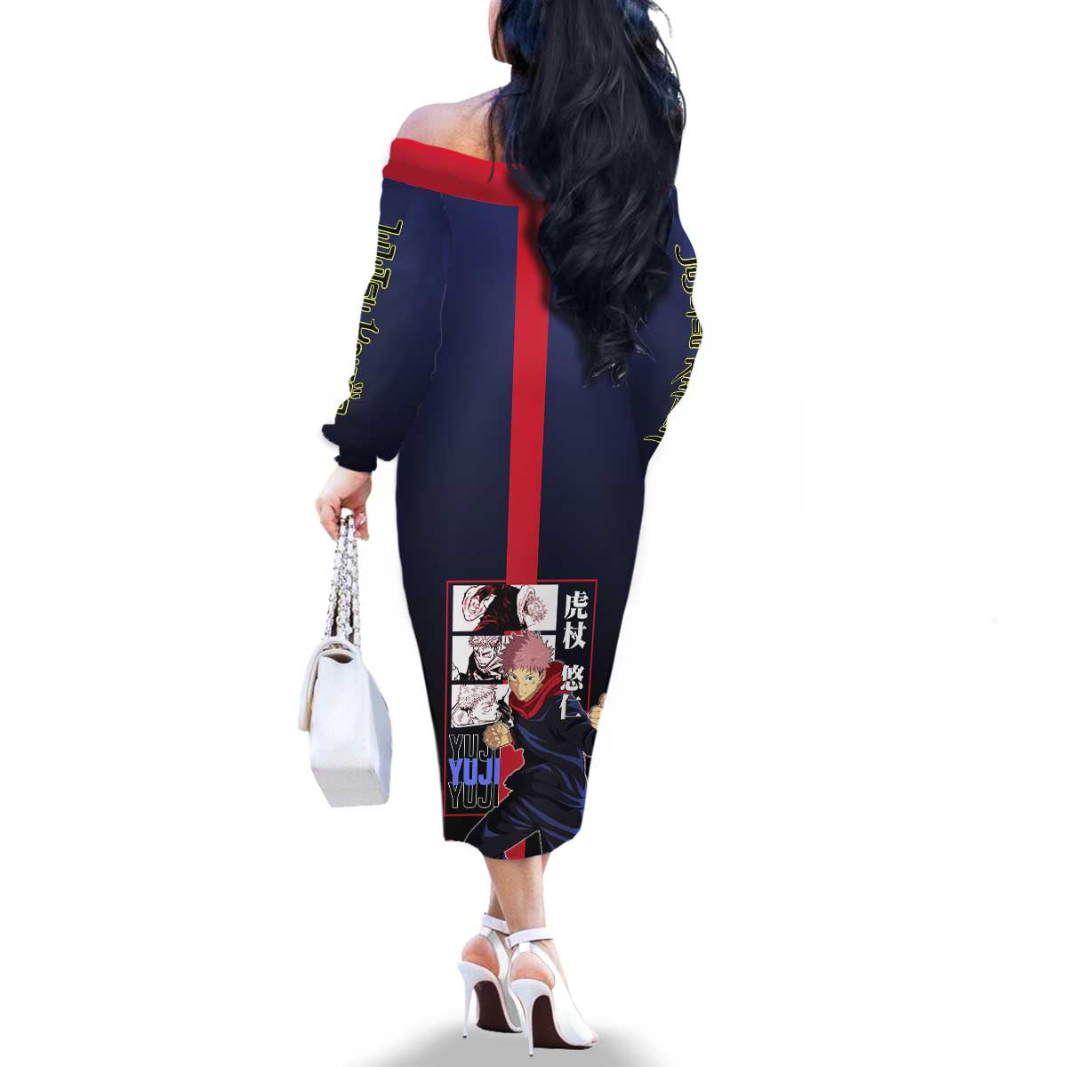 Yuji Itadori from Jujutsu Kaisen Family Matching Off The Shoulder Long Sleeve Dress and Hawaiian Shirt with Action Pose and Energetic Expressions Design - The Mazicc