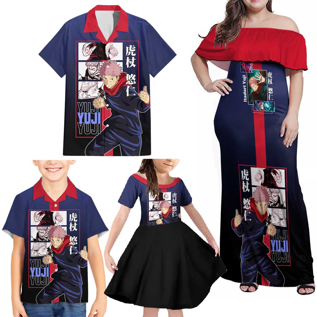 Yuji Itadori from Jujutsu Kaisen Family Matching Off Shoulder Maxi Dress and Hawaiian Shirt with Action Pose and Energetic Expressions Design - The Mazicc