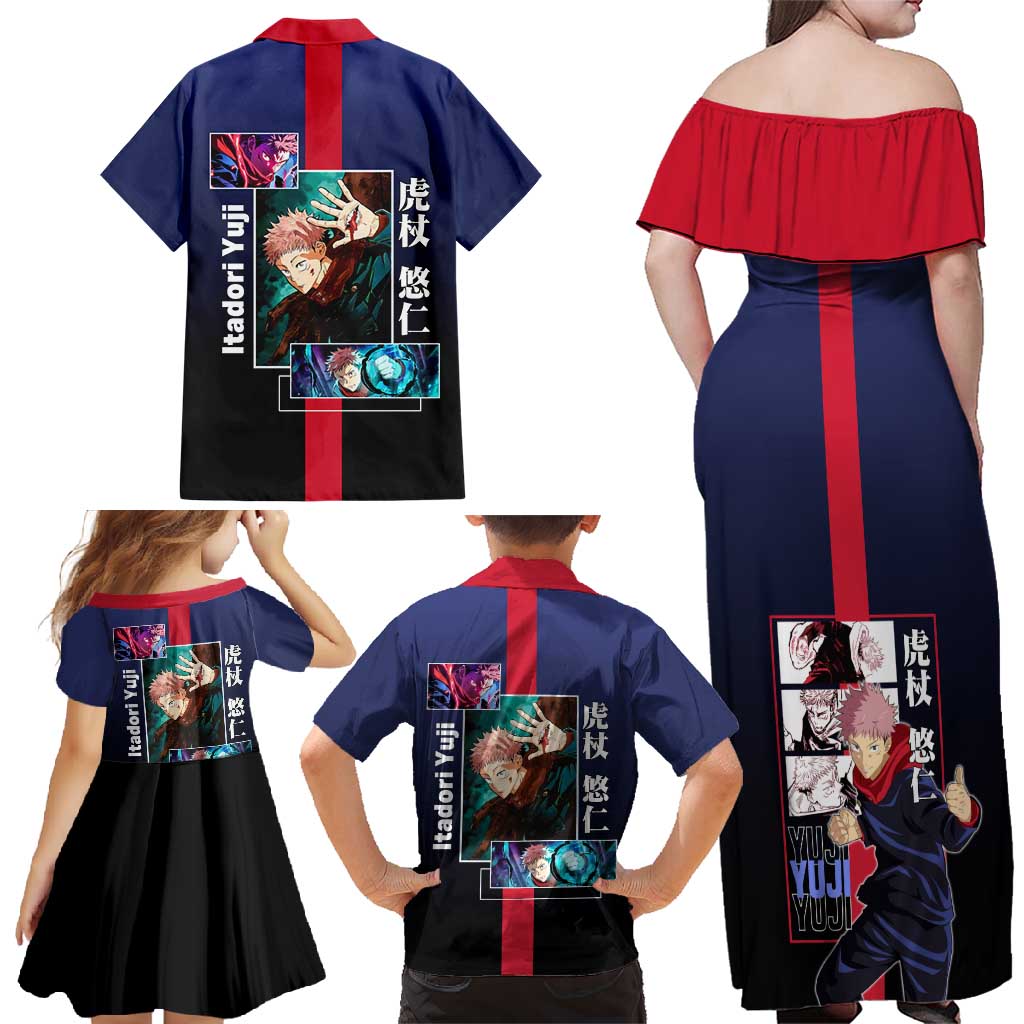 Yuji Itadori from Jujutsu Kaisen Family Matching Off Shoulder Maxi Dress and Hawaiian Shirt with Action Pose and Energetic Expressions Design - The Mazicc