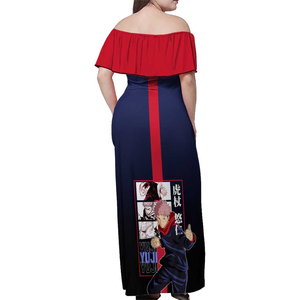 Yuji Itadori from Jujutsu Kaisen Family Matching Off Shoulder Maxi Dress and Hawaiian Shirt with Action Pose and Energetic Expressions Design - The Mazicc