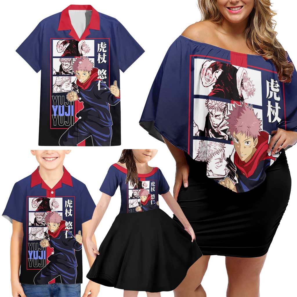 Yuji Itadori from Jujutsu Kaisen Family Matching Off Shoulder Short Dress and Hawaiian Shirt with Action Pose and Energetic Expressions Design - The Mazicc