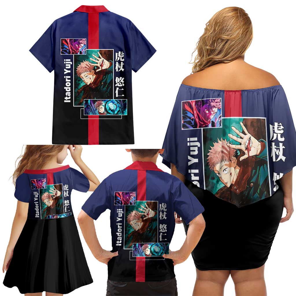 Yuji Itadori from Jujutsu Kaisen Family Matching Off Shoulder Short Dress and Hawaiian Shirt with Action Pose and Energetic Expressions Design - The Mazicc