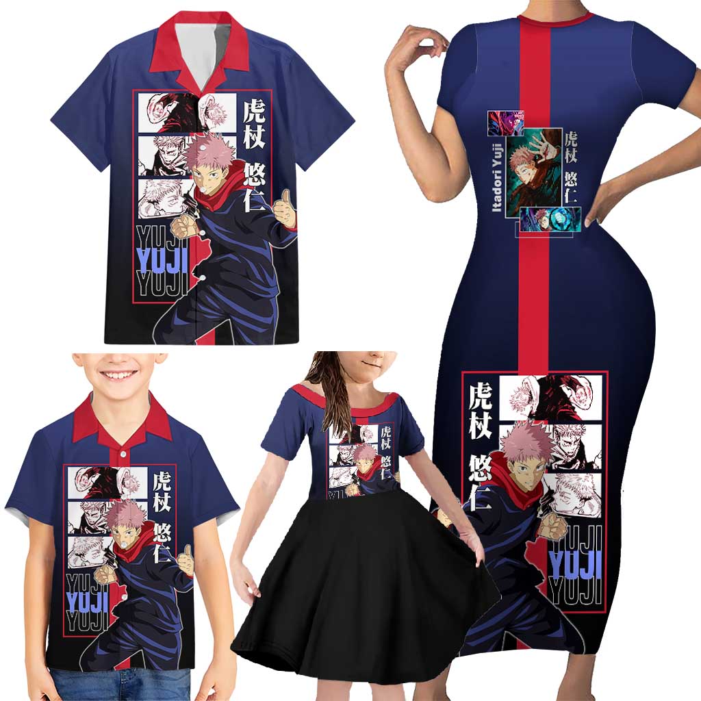 Yuji Itadori from Jujutsu Kaisen Family Matching Short Sleeve Bodycon Dress and Hawaiian Shirt with Action Pose and Energetic Expressions Design - The Mazicc