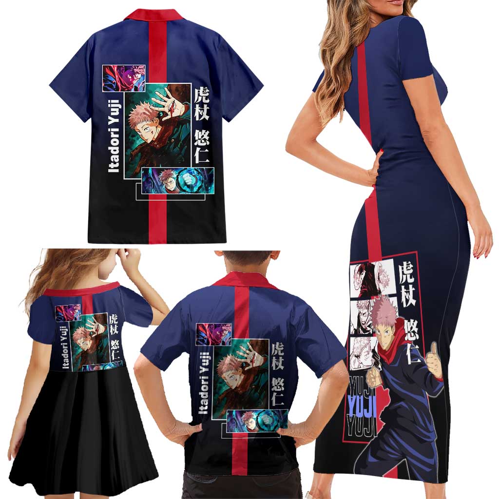 Yuji Itadori from Jujutsu Kaisen Family Matching Short Sleeve Bodycon Dress and Hawaiian Shirt with Action Pose and Energetic Expressions Design - The Mazicc