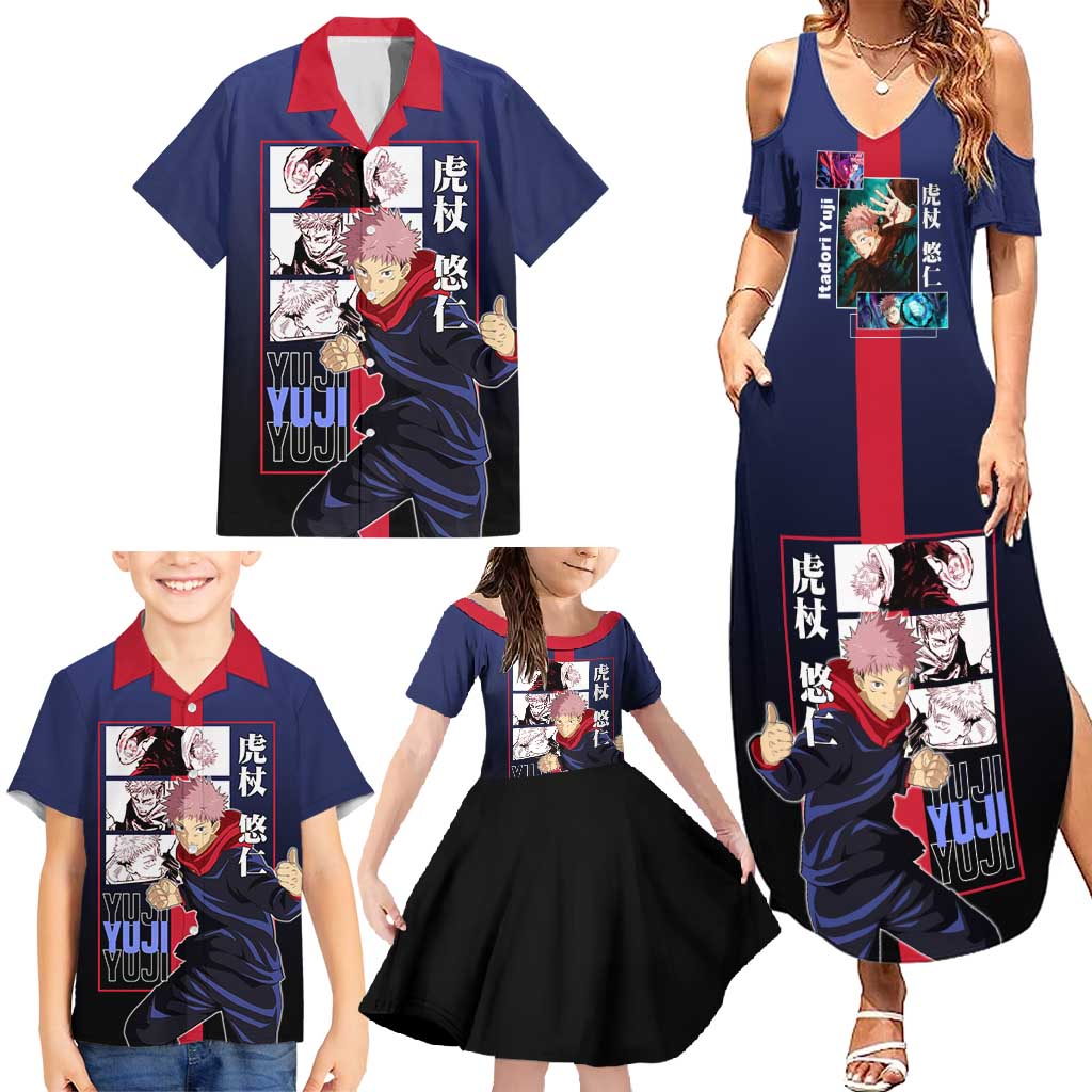 Yuji Itadori from Jujutsu Kaisen Family Matching Summer Maxi Dress and Hawaiian Shirt with Action Pose and Energetic Expressions Design - The Mazicc