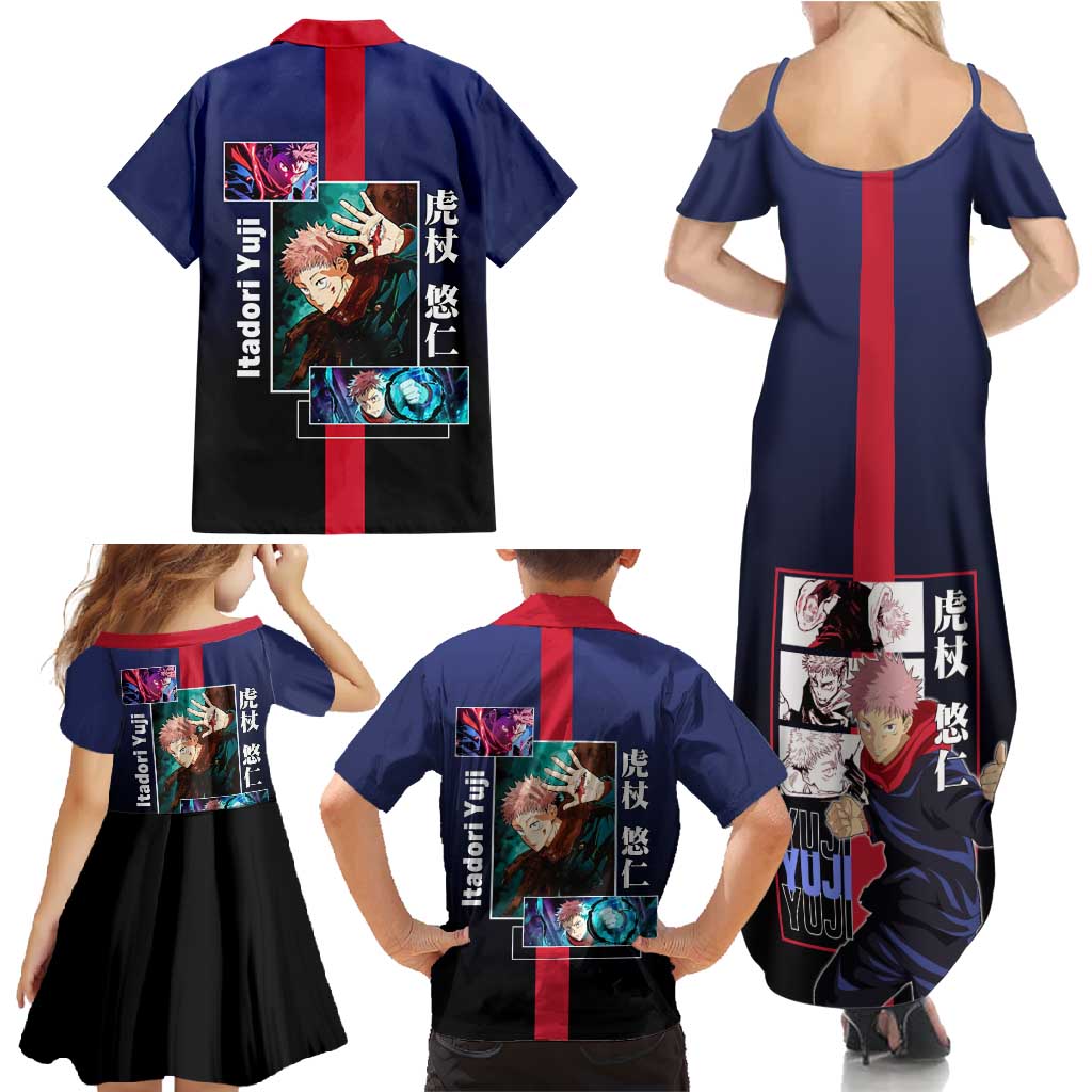 Yuji Itadori from Jujutsu Kaisen Family Matching Summer Maxi Dress and Hawaiian Shirt with Action Pose and Energetic Expressions Design - The Mazicc