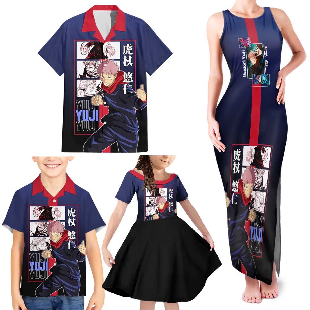 Yuji Itadori from Jujutsu Kaisen Family Matching Tank Maxi Dress and Hawaiian Shirt with Action Pose and Energetic Expressions Design - The Mazicc