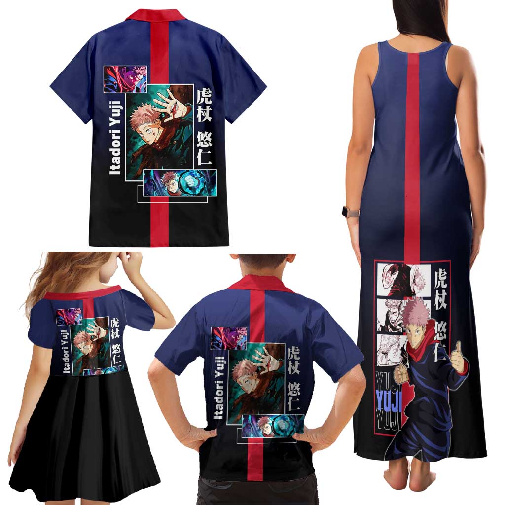 Yuji Itadori from Jujutsu Kaisen Family Matching Tank Maxi Dress and Hawaiian Shirt with Action Pose and Energetic Expressions Design - The Mazicc