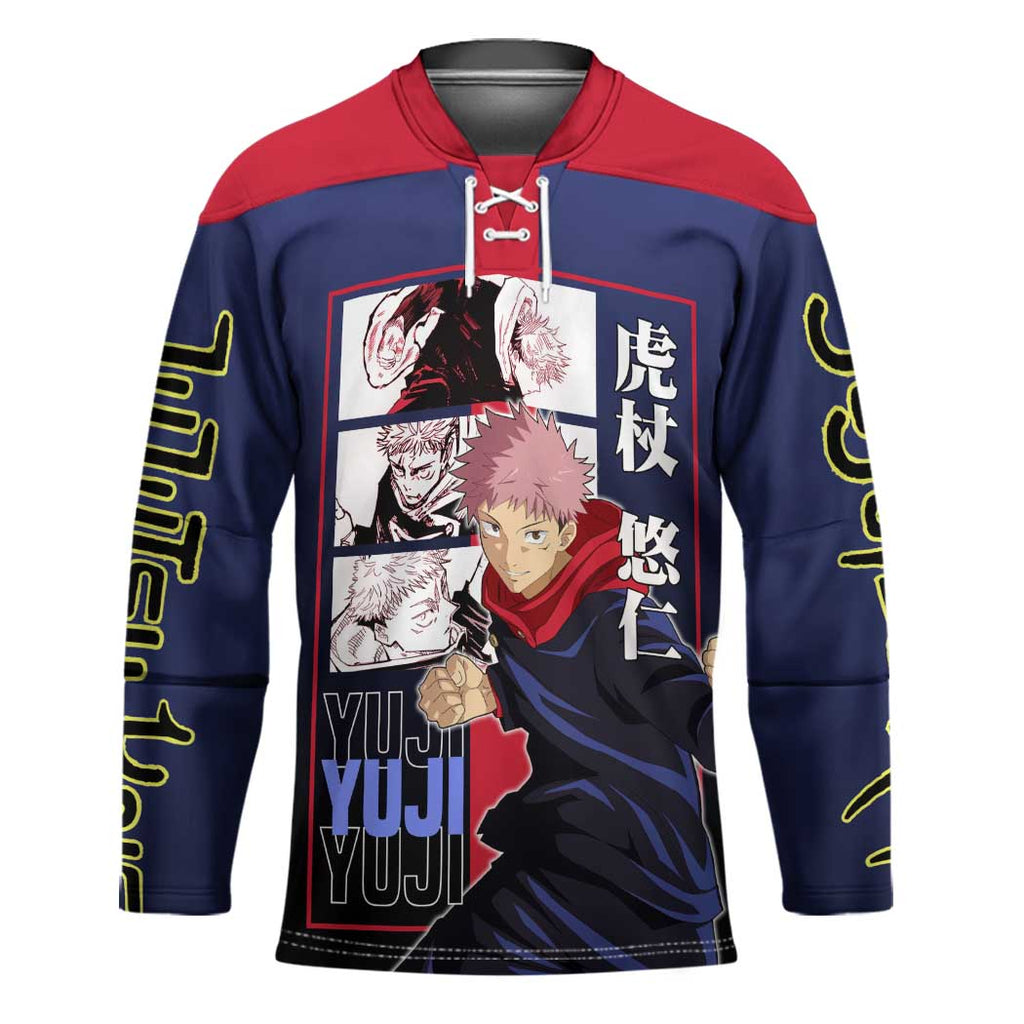 Yuji Itadori from Jujutsu Kaisen Hockey Jersey with Action Pose and Energetic Expressions Design - The Mazicc